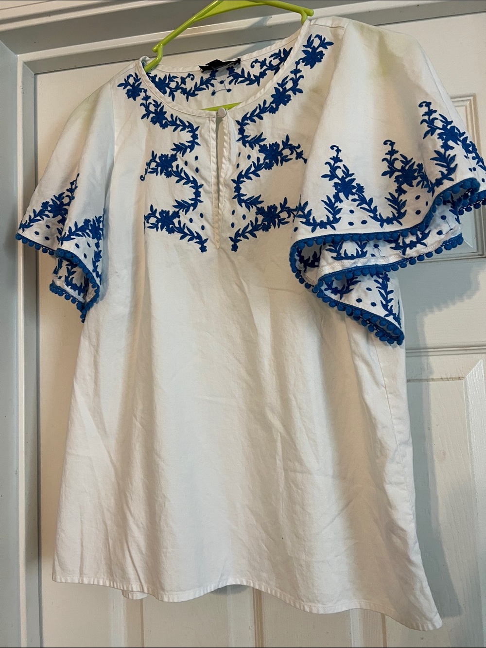 J. Crew White Blouse with Blue Embroidered Flutter Sleeves
